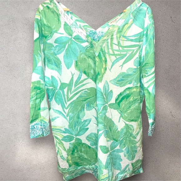 Christian Siriano New York Women's Large Green Leaf Print V-Neck Resortwear Chic - Picture 2 of 15